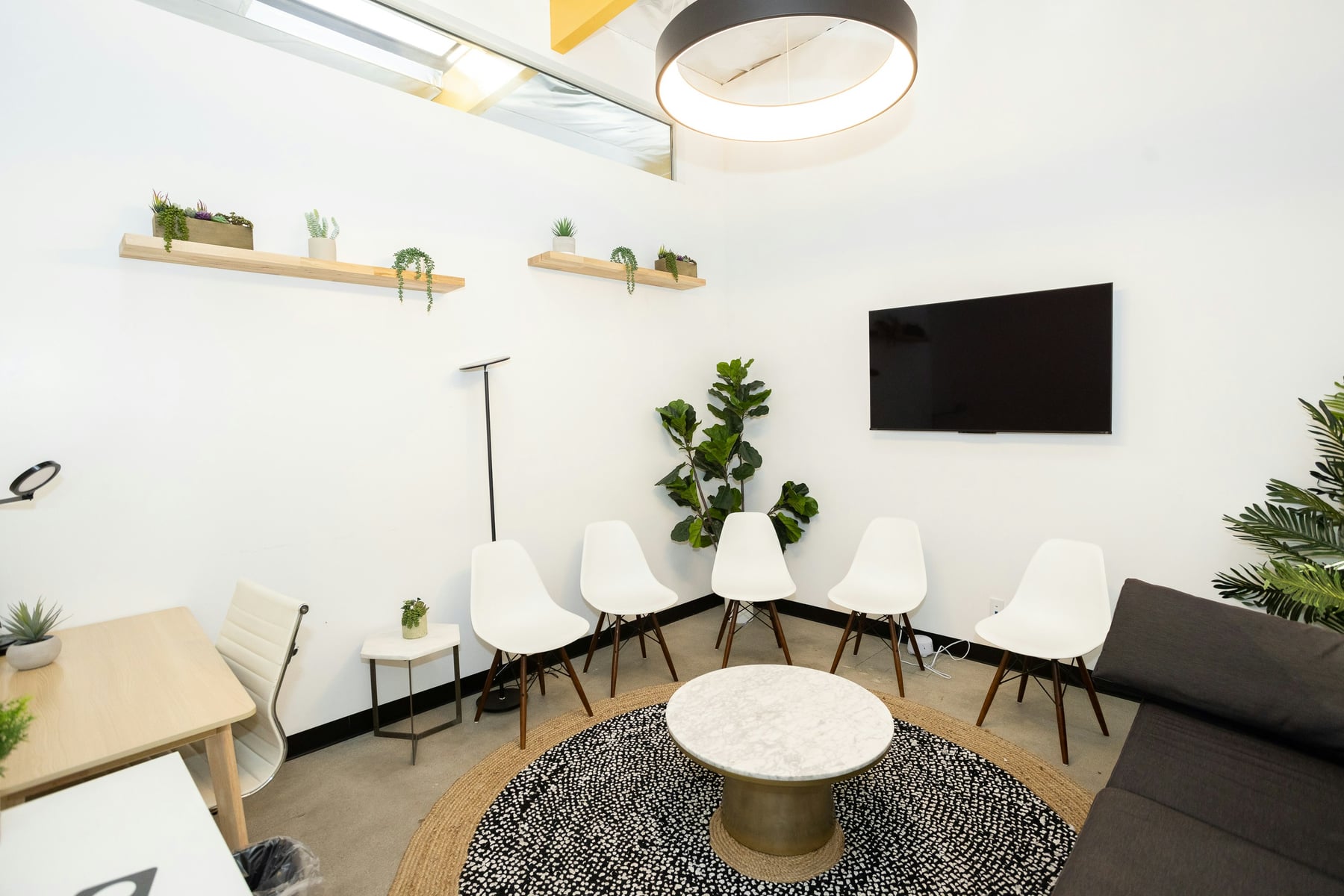 A bright waiting room with white chairs, a round rug, plants, and a wall-mounted screen