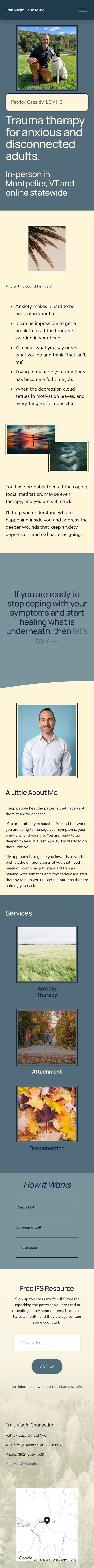 Trail Magic Counseling's whole current homepage on a phone, from the photo of Patrick with a dog and the headline down to the footer